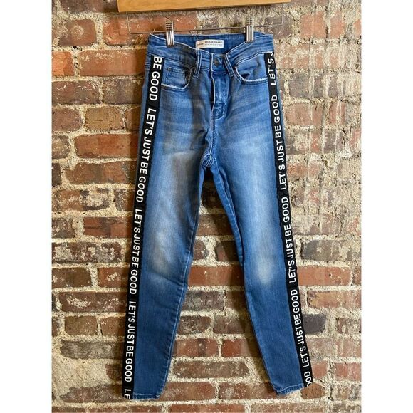 Stradivarius Regular High Waist Blue Jeans Side Stripe “Let’s Just Be Good” US S - Picture 1 of 8